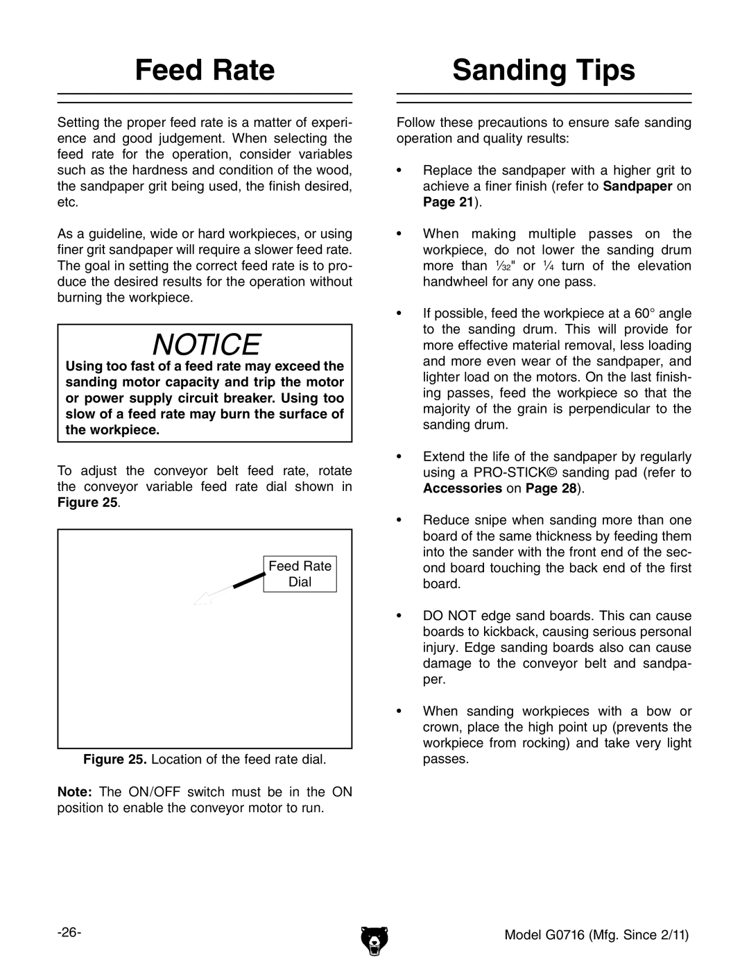 Grizzly G0716 owner manual Feed Rate, Sanding Tips, Accessories on 