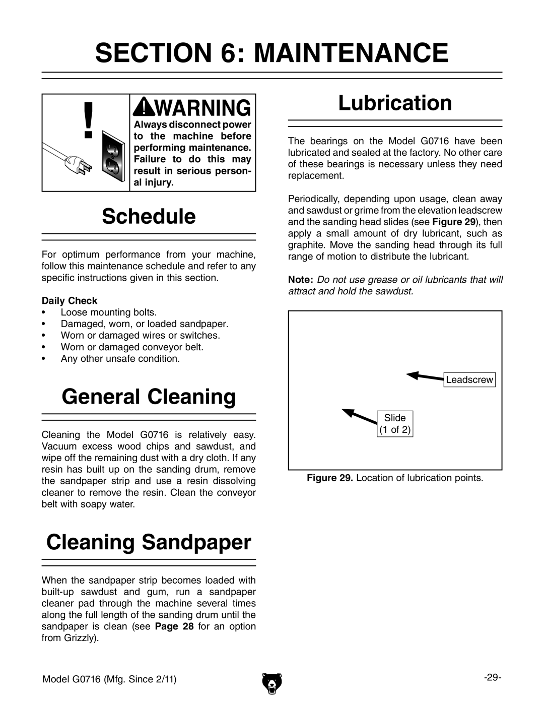 Grizzly G0716 owner manual Maintenance, Schedule, General Cleaning, Cleaning Sandpaper Lubrication, Daily Check 