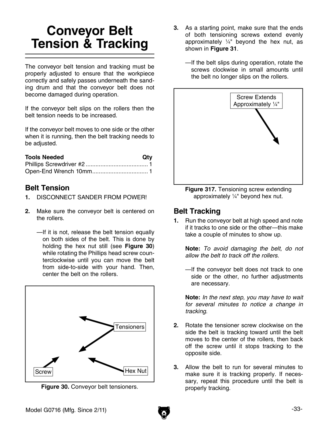 Grizzly G0716 owner manual Conveyor Belt Tension & Tracking, Belt Tracking, Tools Needed Qty 