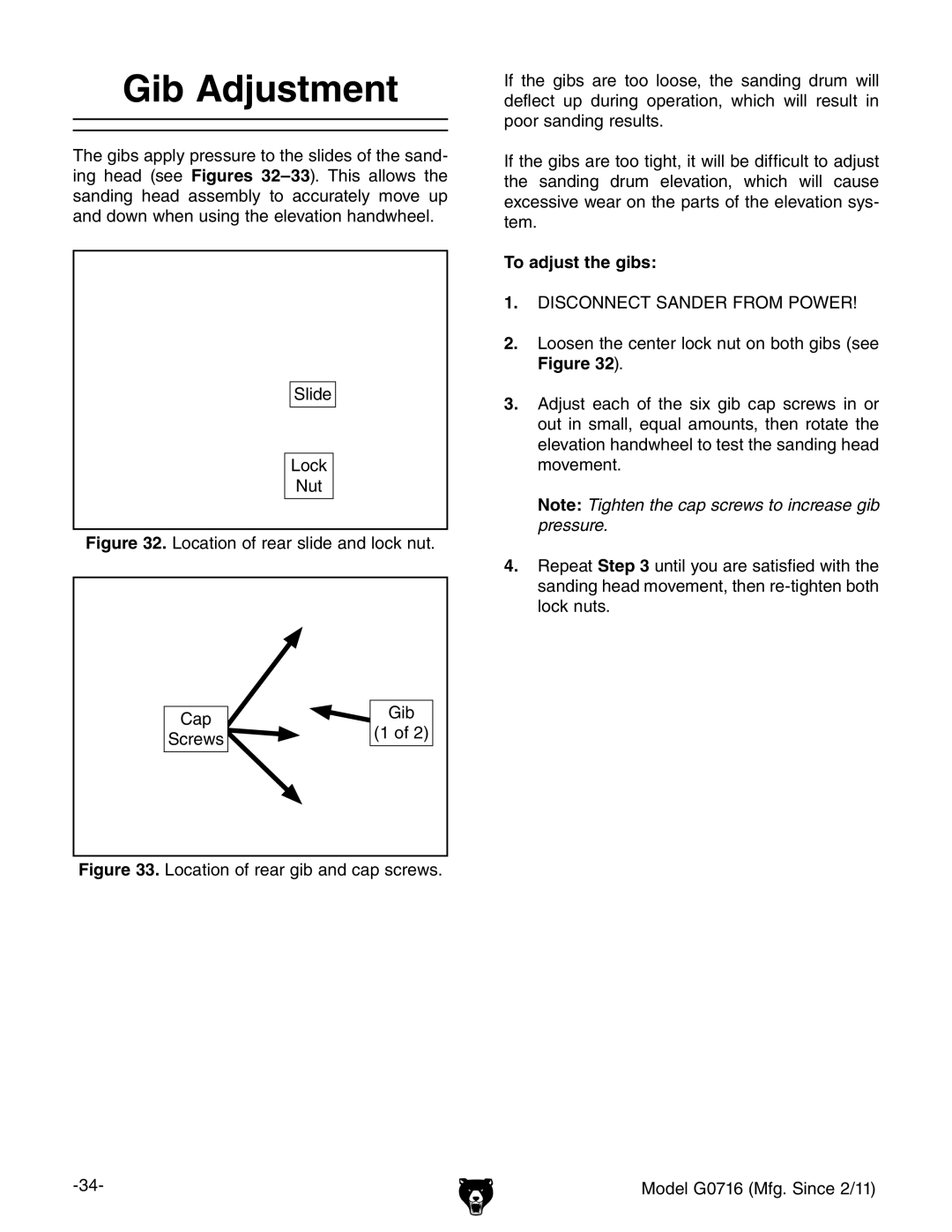 Grizzly G0716 owner manual Gib Adjustment, To adjust the gibs 