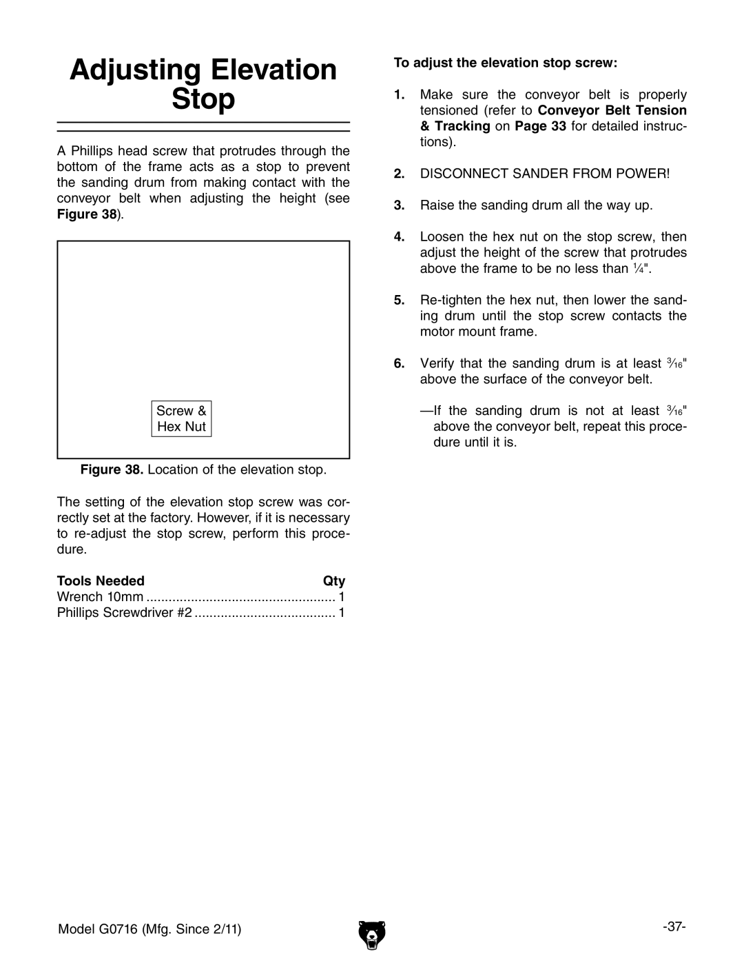 Grizzly G0716 owner manual Adjusting Elevation Stop, To adjust the elevation stop screw 