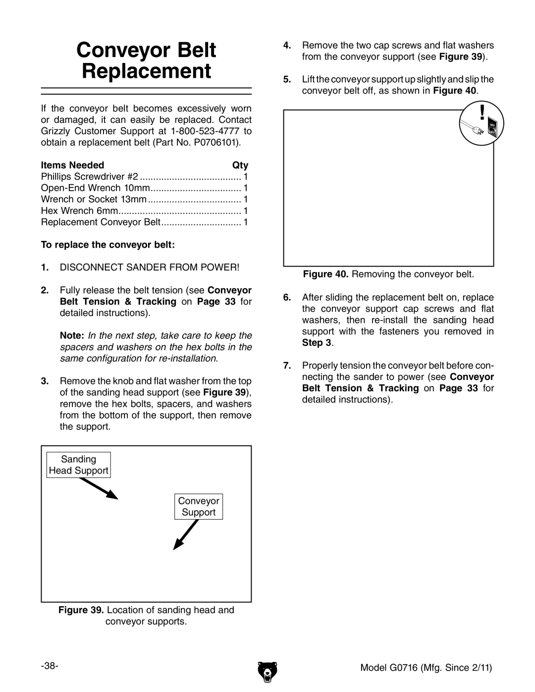 Grizzly G0716 owner manual Conveyor Belt Replacement, To replace the conveyor belt 