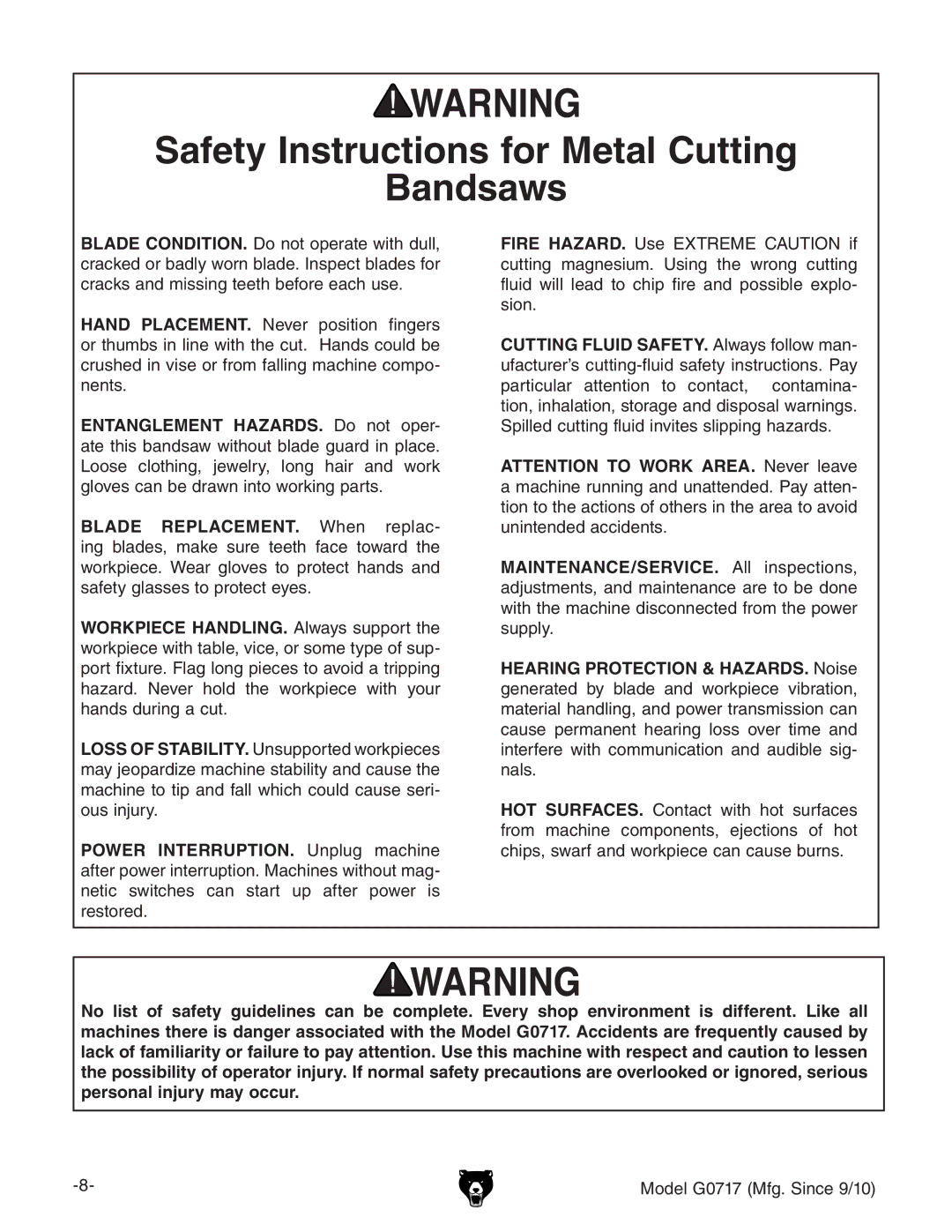 Grizzly G0717 owner manual Safety Instructions for Metal Cutting Bandsaws 