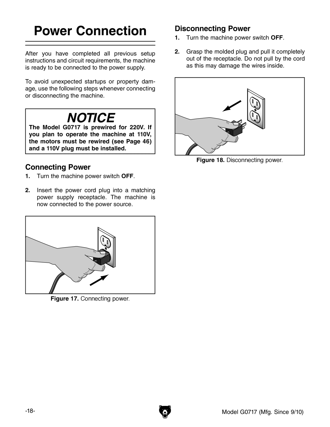 Grizzly G0717 owner manual Power Connection, Connecting Power, Disconnecting Power 