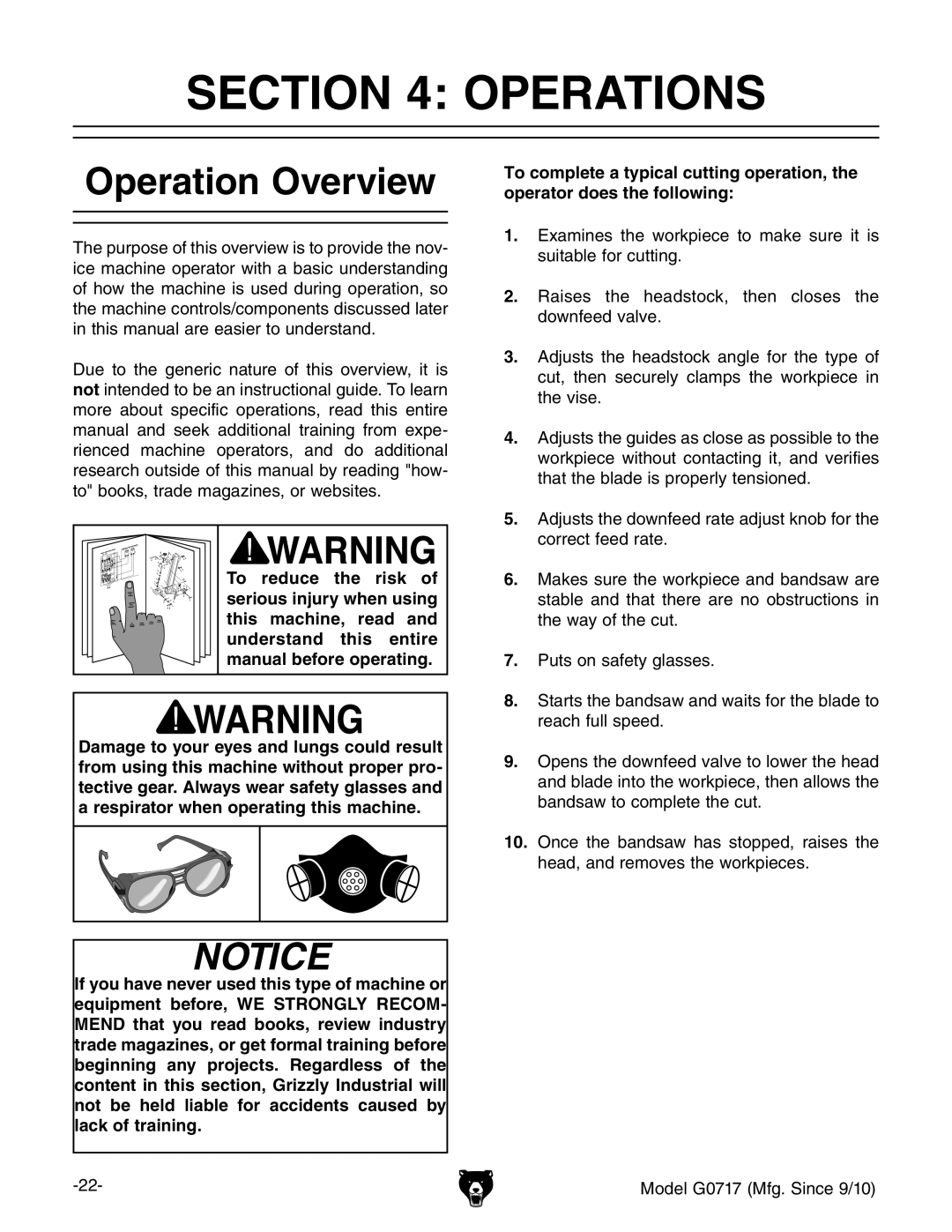 Grizzly G0717 owner manual Operations, Operation Overview 