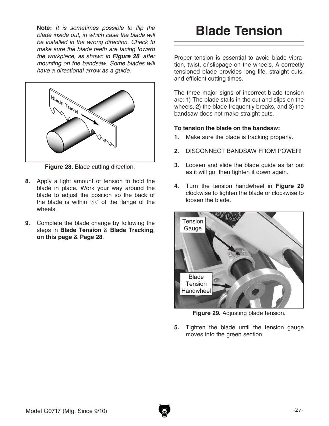 Grizzly G0717 owner manual Blade Tension, To tension the blade on the bandsaw 