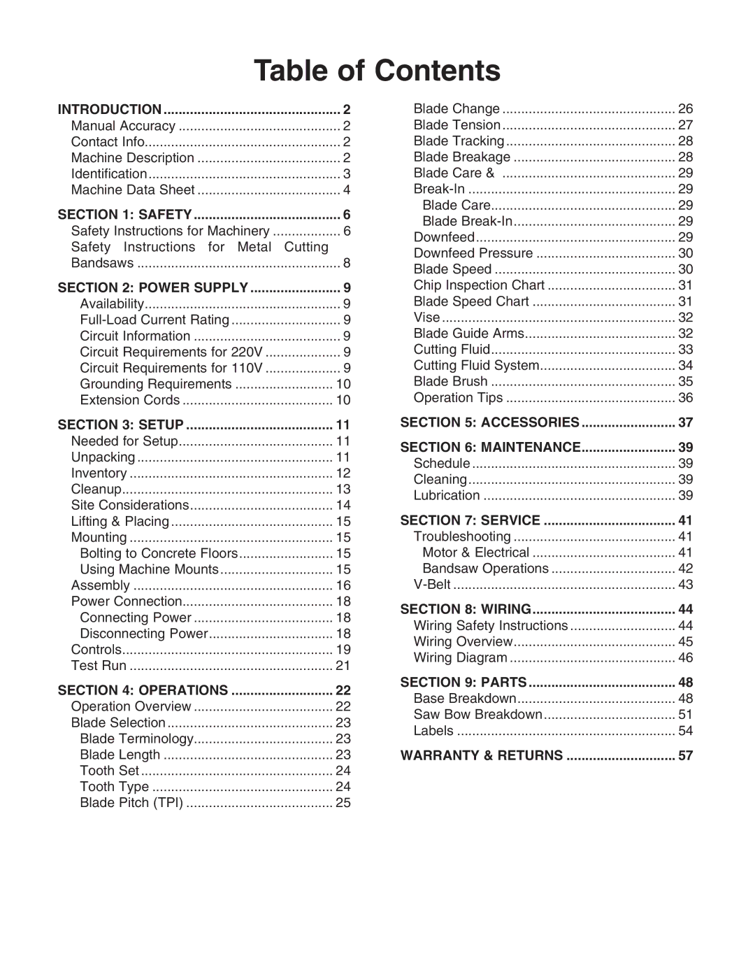 Grizzly G0717 owner manual Table of Contents 