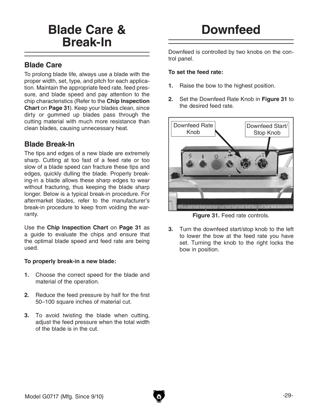 Grizzly G0717 owner manual Blade Care Break-In, Downfeed, Blade Break-In 