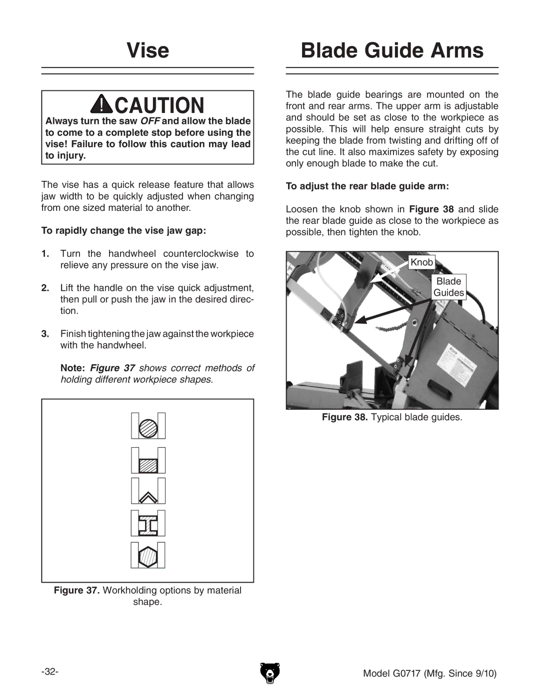 Grizzly G0717 owner manual Vise Blade Guide Arms, To rapidly change the vise jaw gap, To adjust the rear blade guide arm 