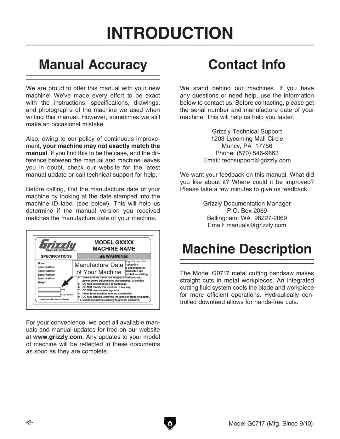 Grizzly G0717 owner manual Introduction, Manual Accuracy Contact Info, Machine Description 