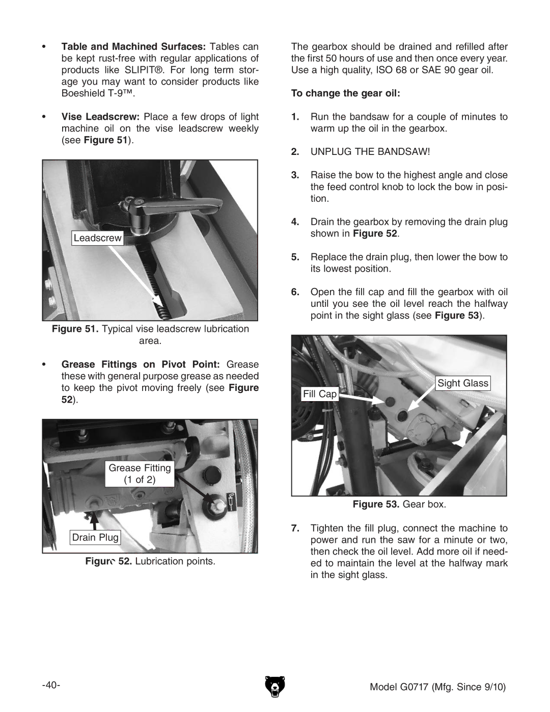 Grizzly G0717 owner manual To change the gear oil, Gear box 