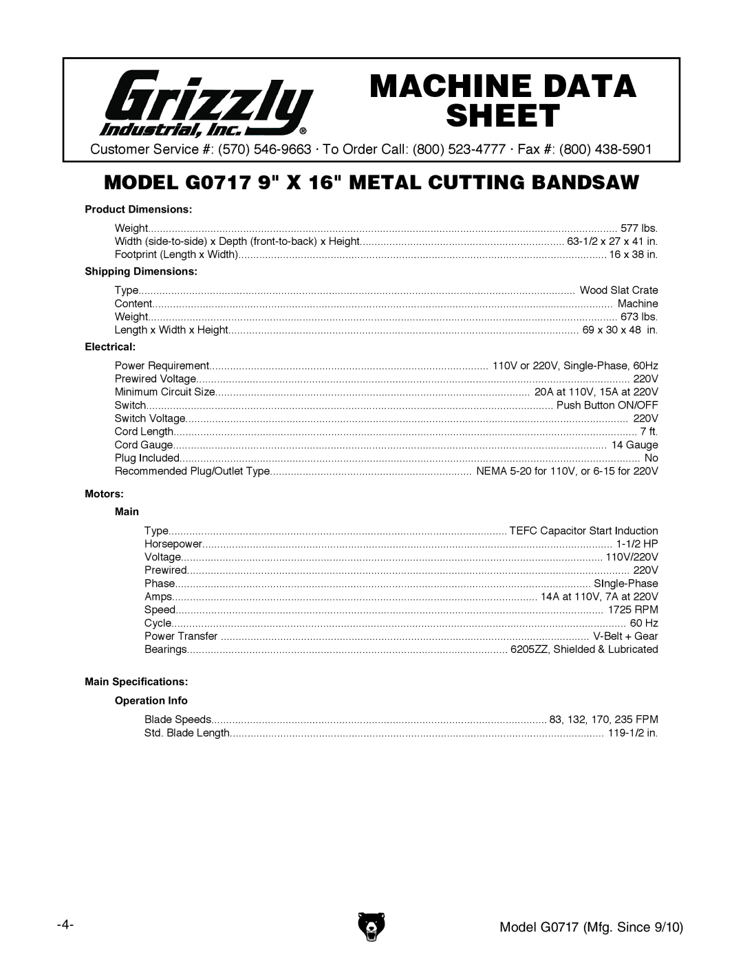 Grizzly G0717 owner manual Machine Data Sheet 