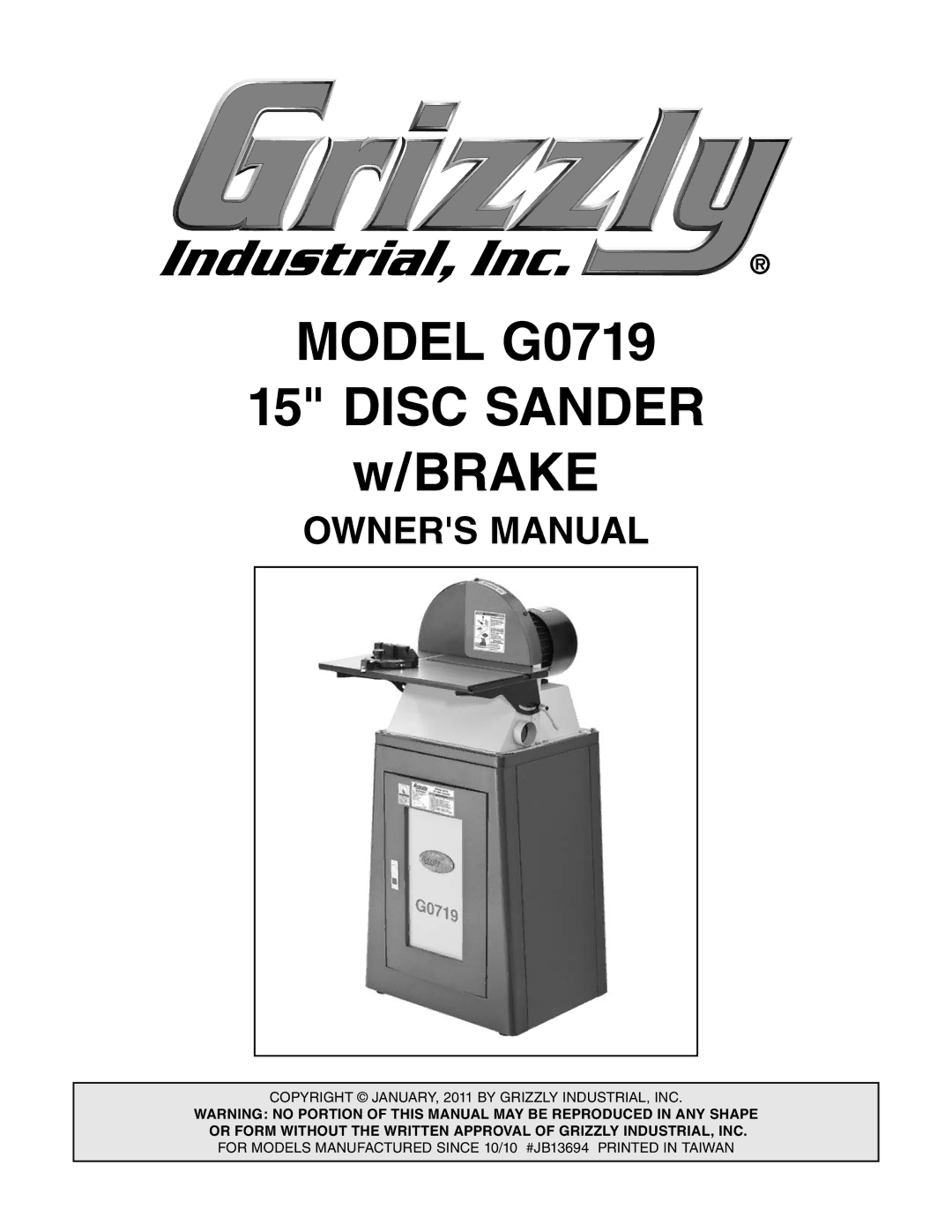 Grizzly owner manual Model G0719 