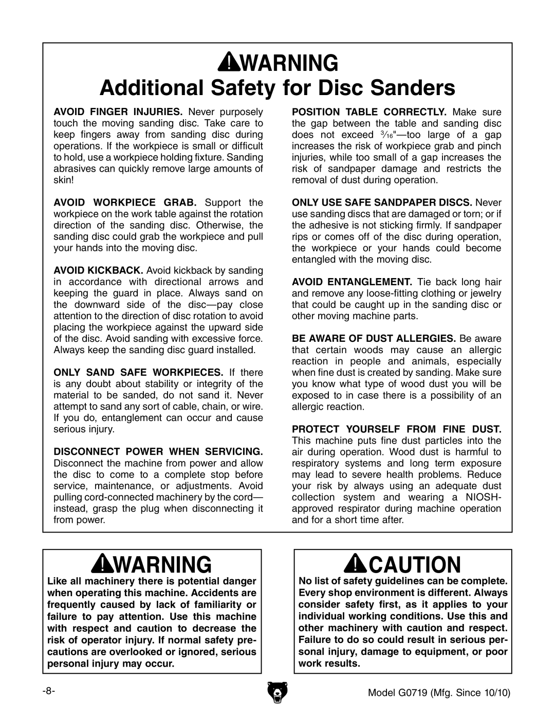 Grizzly G0719 owner manual Additional Safety for Disc Sanders 