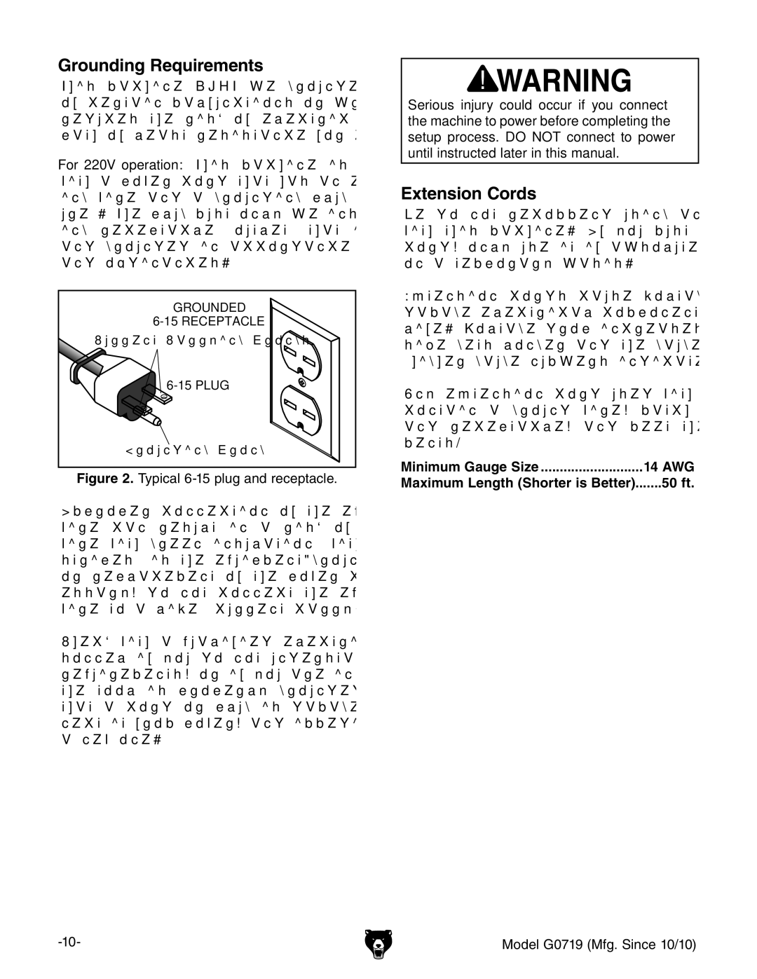 Grizzly G0719 owner manual Minimum Gauge Size 14 AWG, 50 ft 