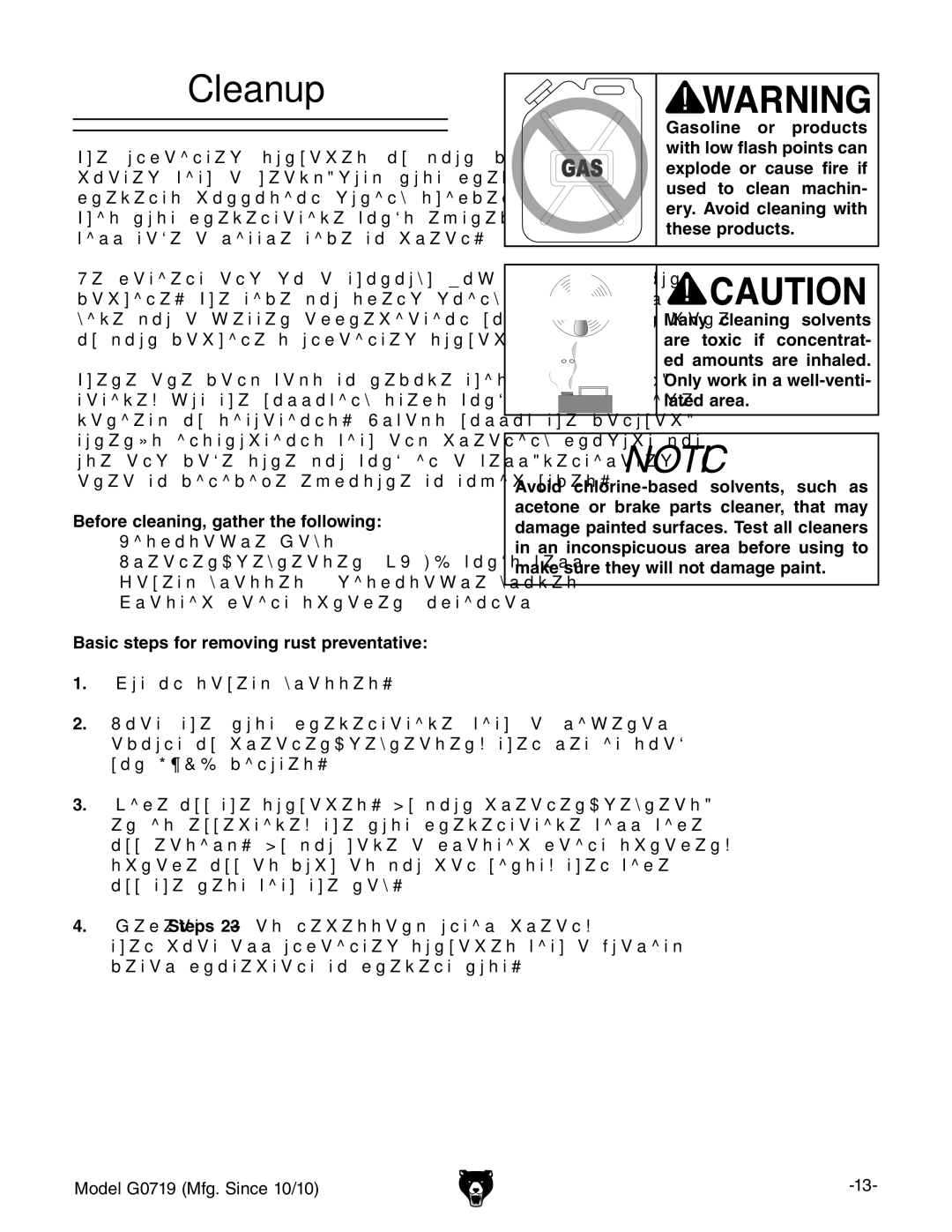 Grizzly G0719 owner manual Cleanup, Before cleaning, gather the following, Basic steps for removing rust preventative 