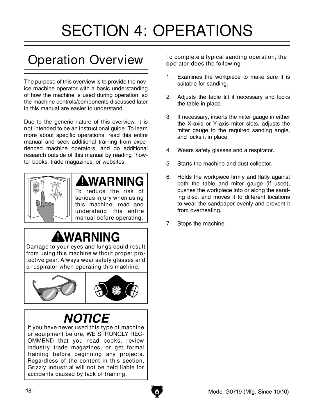 Grizzly G0719 owner manual Operations, Operation Overview 