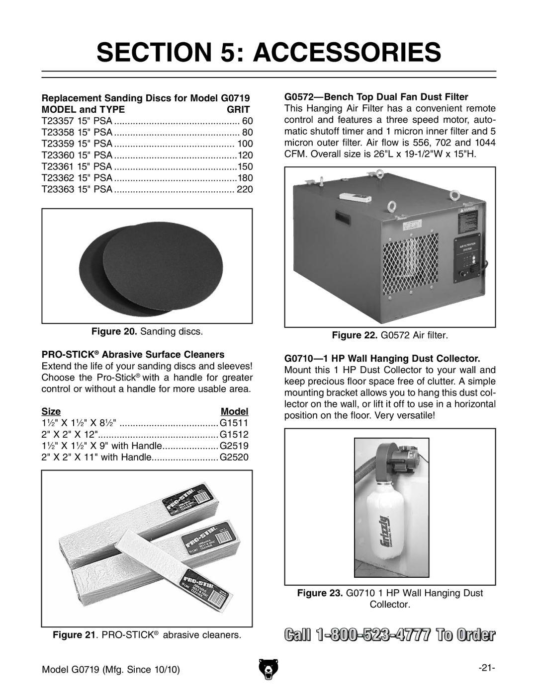 Grizzly owner manual Accessories, Replacement Sanding Discs for Model G0719, Model and Type, Size Model 