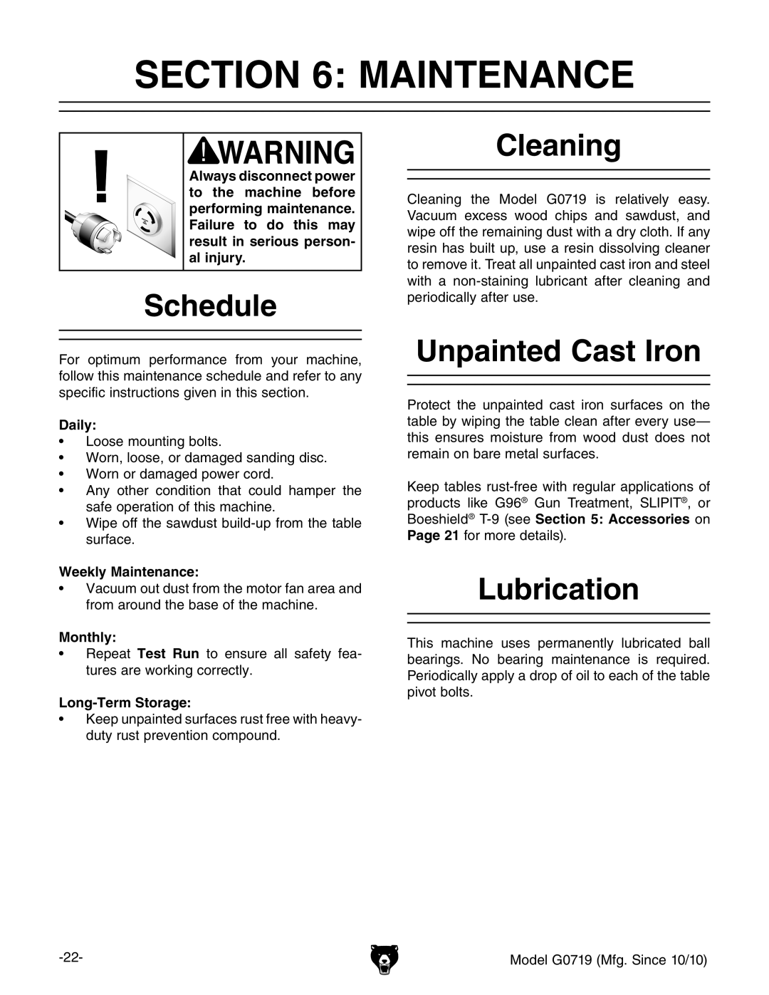 Grizzly G0719 owner manual Maintenance, Schedule, Cleaning, Unpainted Cast Iron, Lubrication 