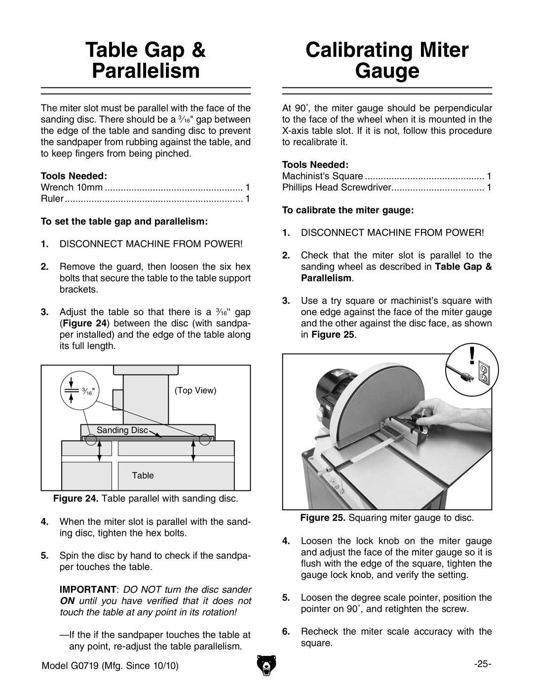 Grizzly G0719 owner manual Gauge, Tools Needed, To set the table gap and parallelism, To calibrate the miter gauge 