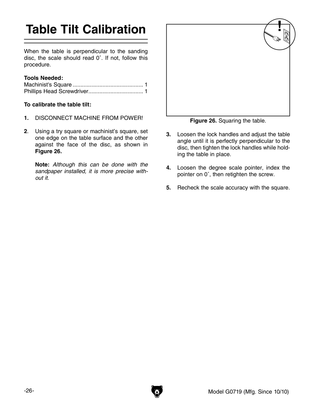 Grizzly G0719 owner manual Table Tilt Calibration, To calibrate the table tilt 