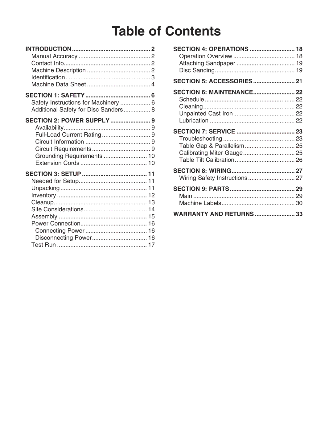 Grizzly G0719 owner manual Table of Contents 