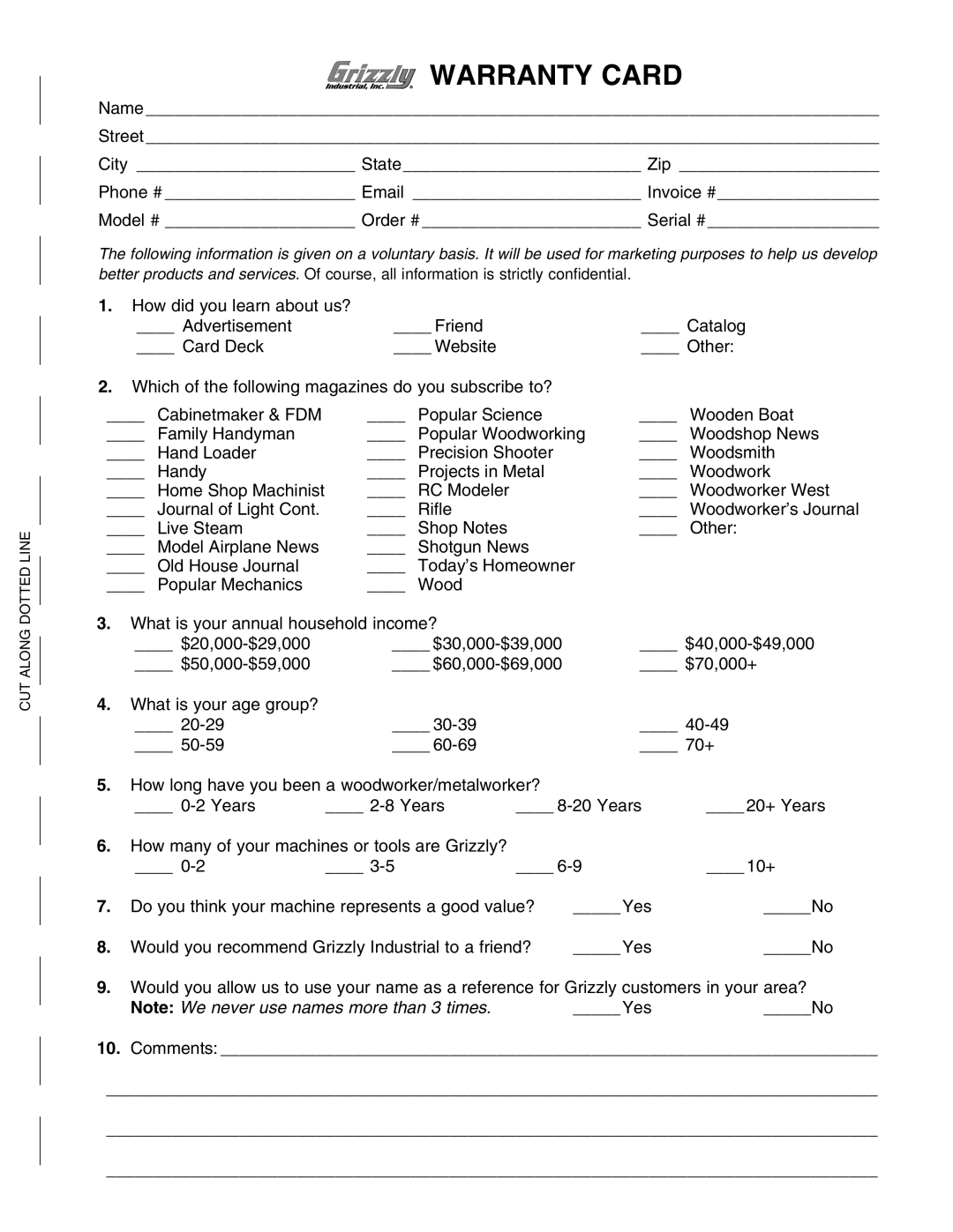 Grizzly G0719 owner manual Warranty Card, Comments 