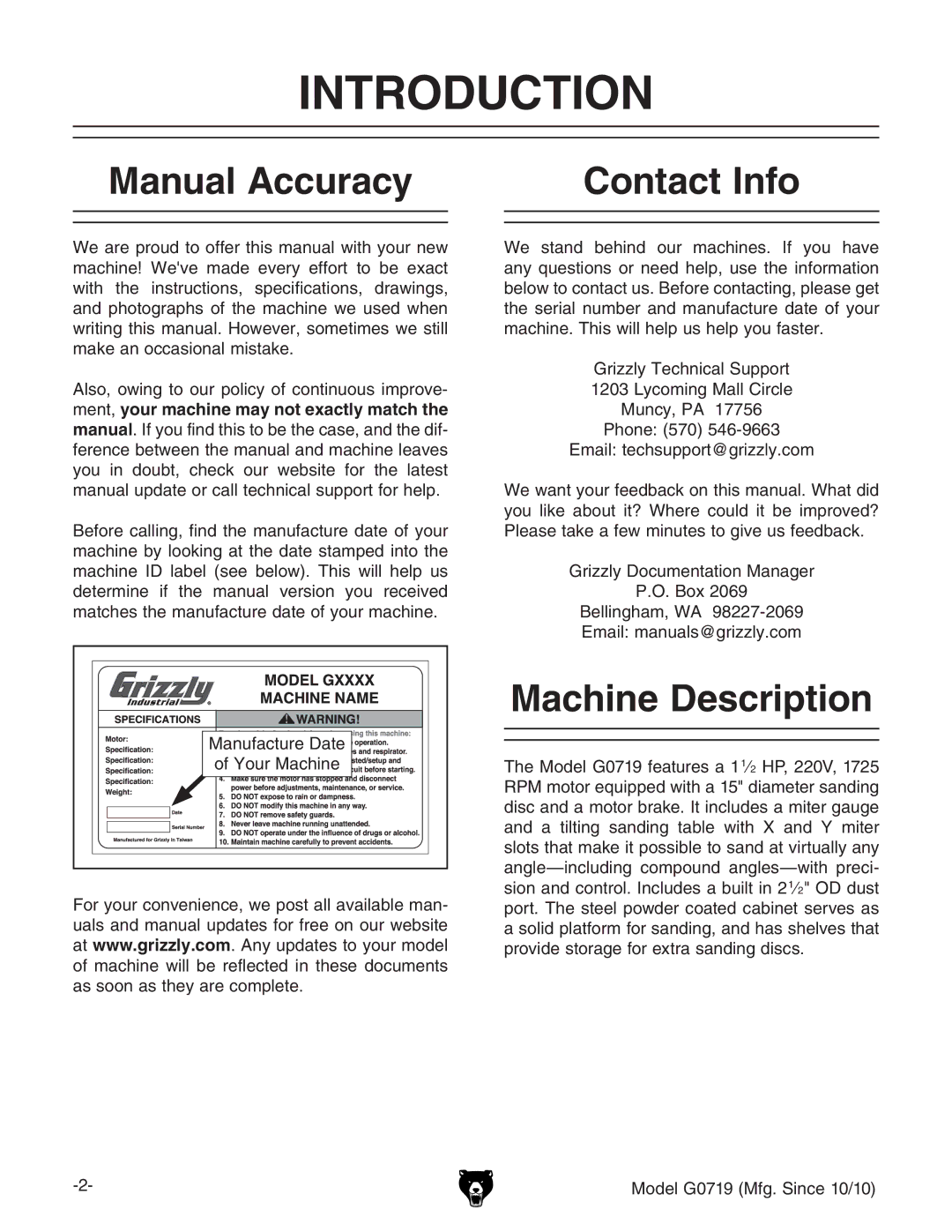 Grizzly G0719 owner manual Introduction, Manual Accuracy Contact Info, Machine Description 