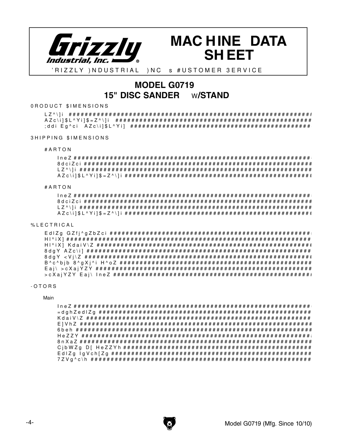 Grizzly owner manual MacHine data SHeet, Model G0719 Mfg. Since 10/10 