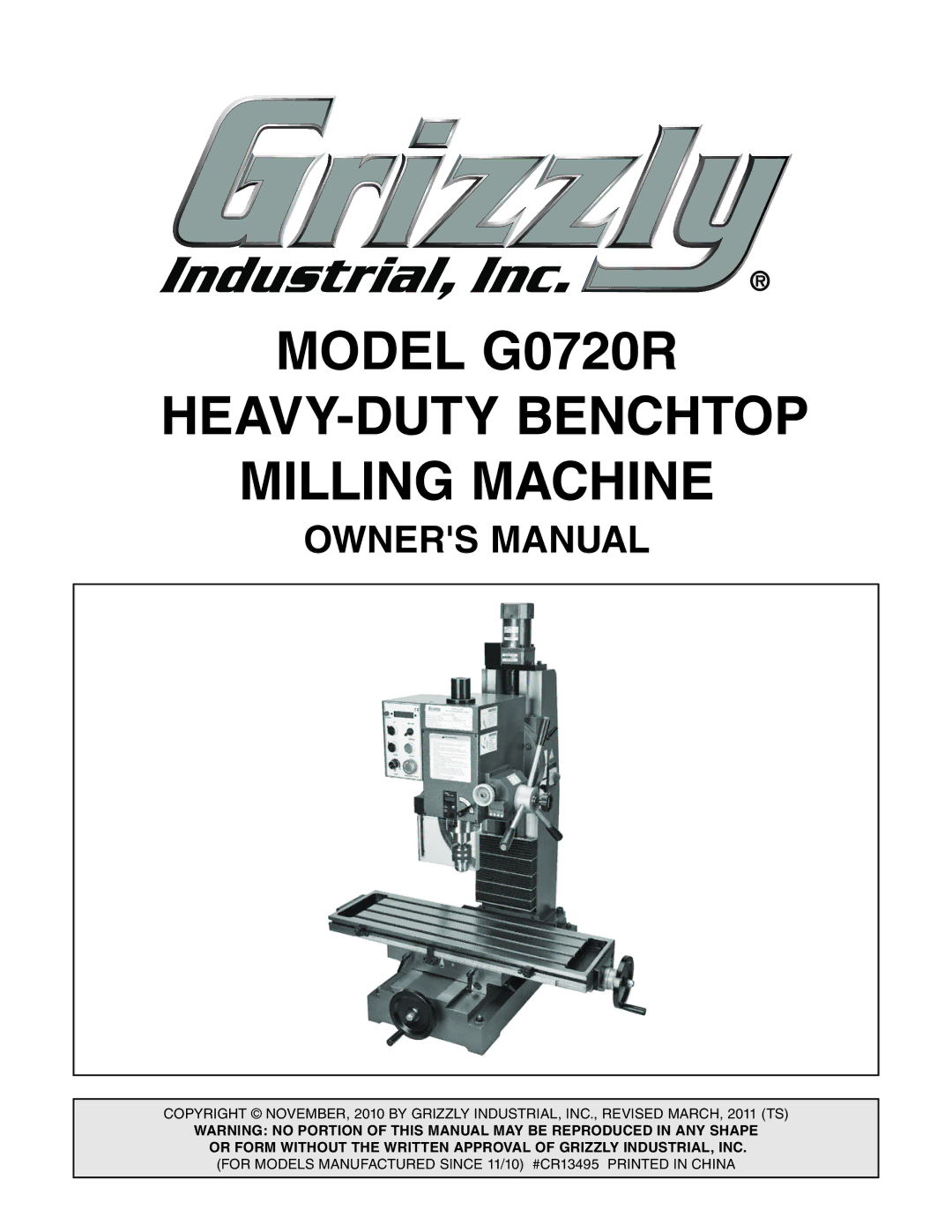 Grizzly owner manual Model G0720R HEAVY-DUTY Benchtop Milling Machine 