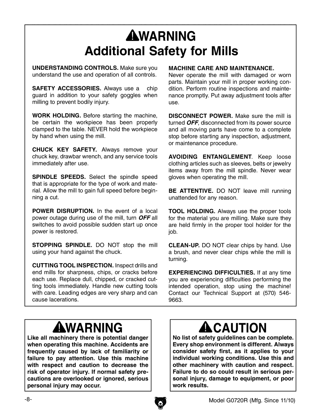 Grizzly G0720R owner manual Additional Safety for Mills, XVjhZaVXZgVidch#, ++# 