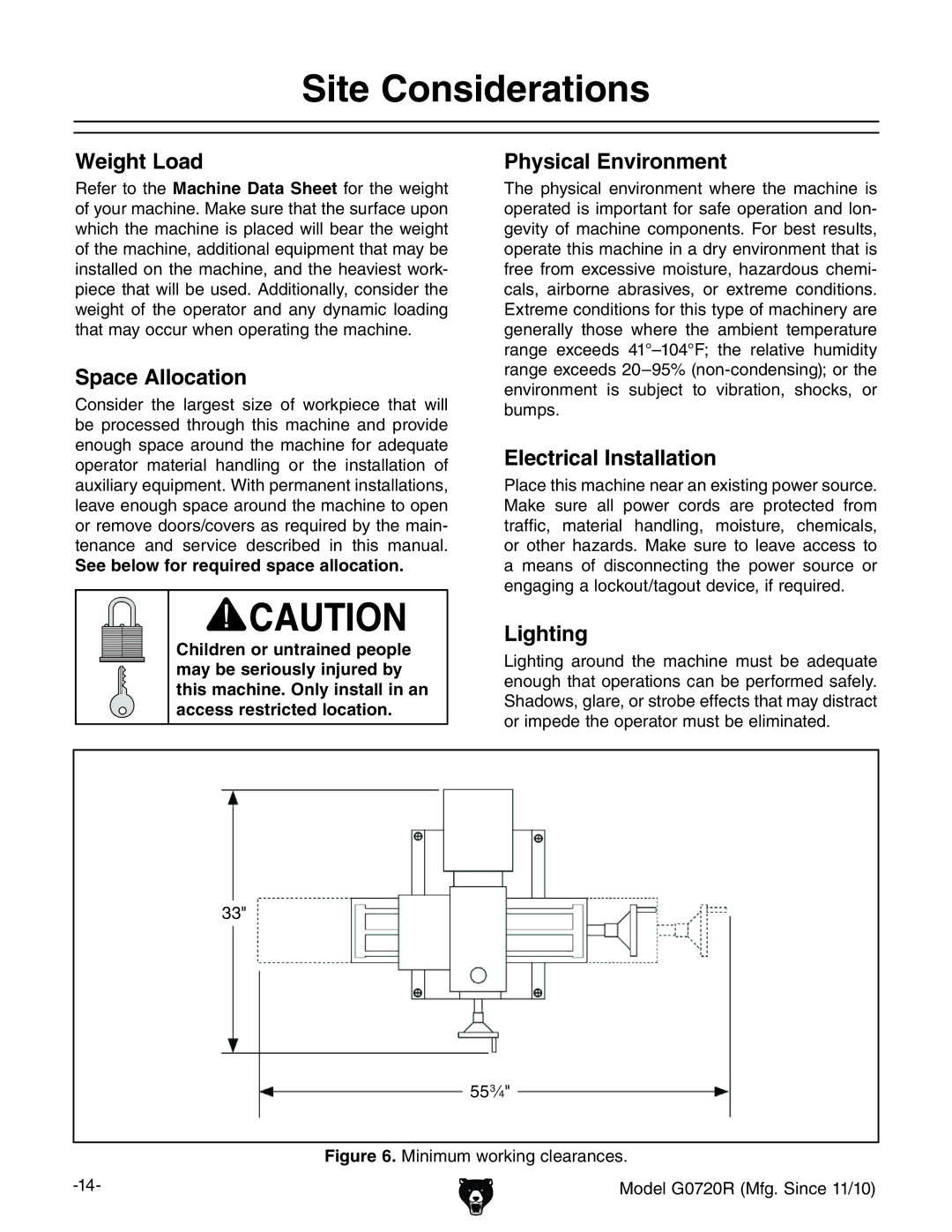 Grizzly G0720R Site Considerations, Weight Load Physical Environment, Space Allocation, Electrical Installation, Lighting 