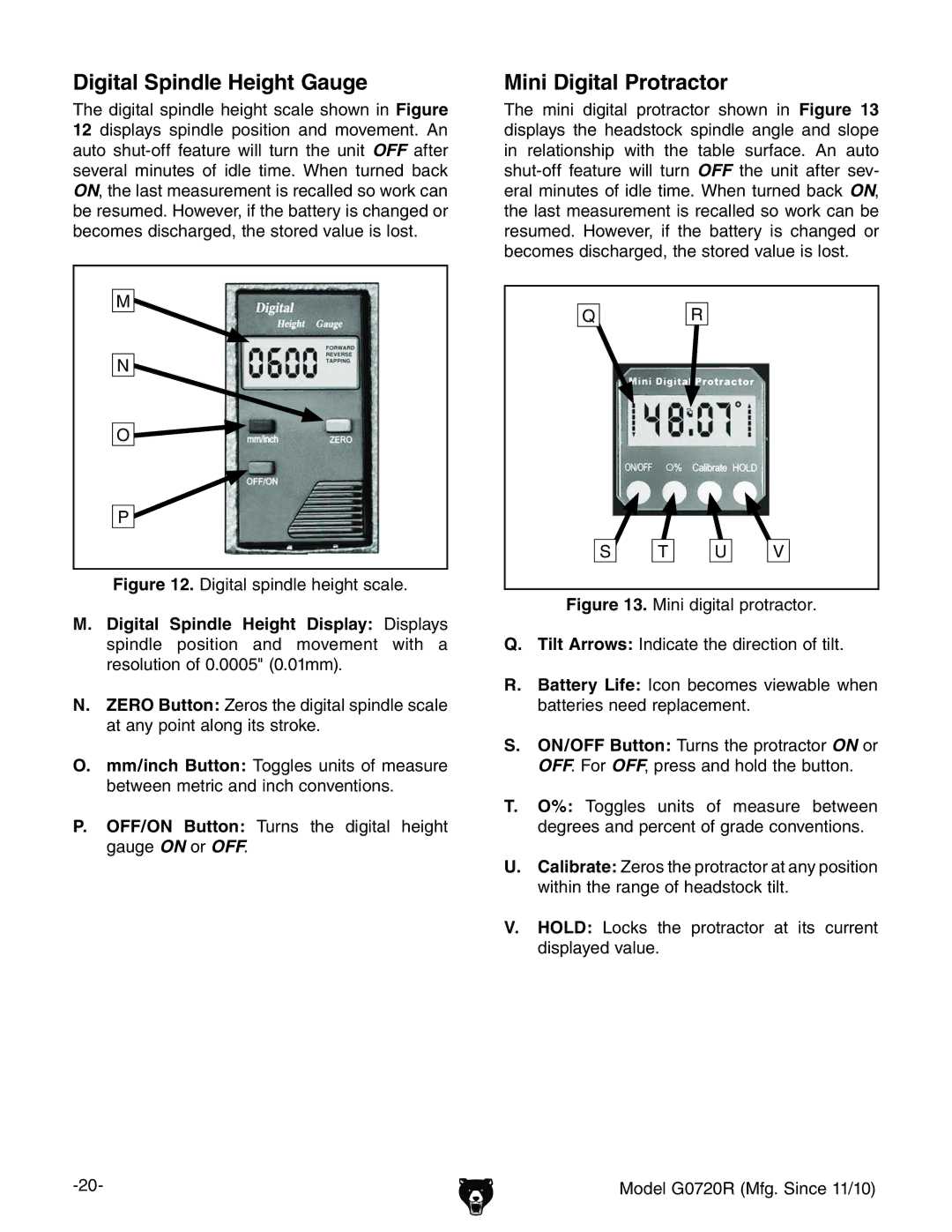 Grizzly G0720R owner manual Digital Spindle Height Gauge, Mini Digital Protractor, IZY\iVahecYaZZ\ihXVaZhdlccFigure 