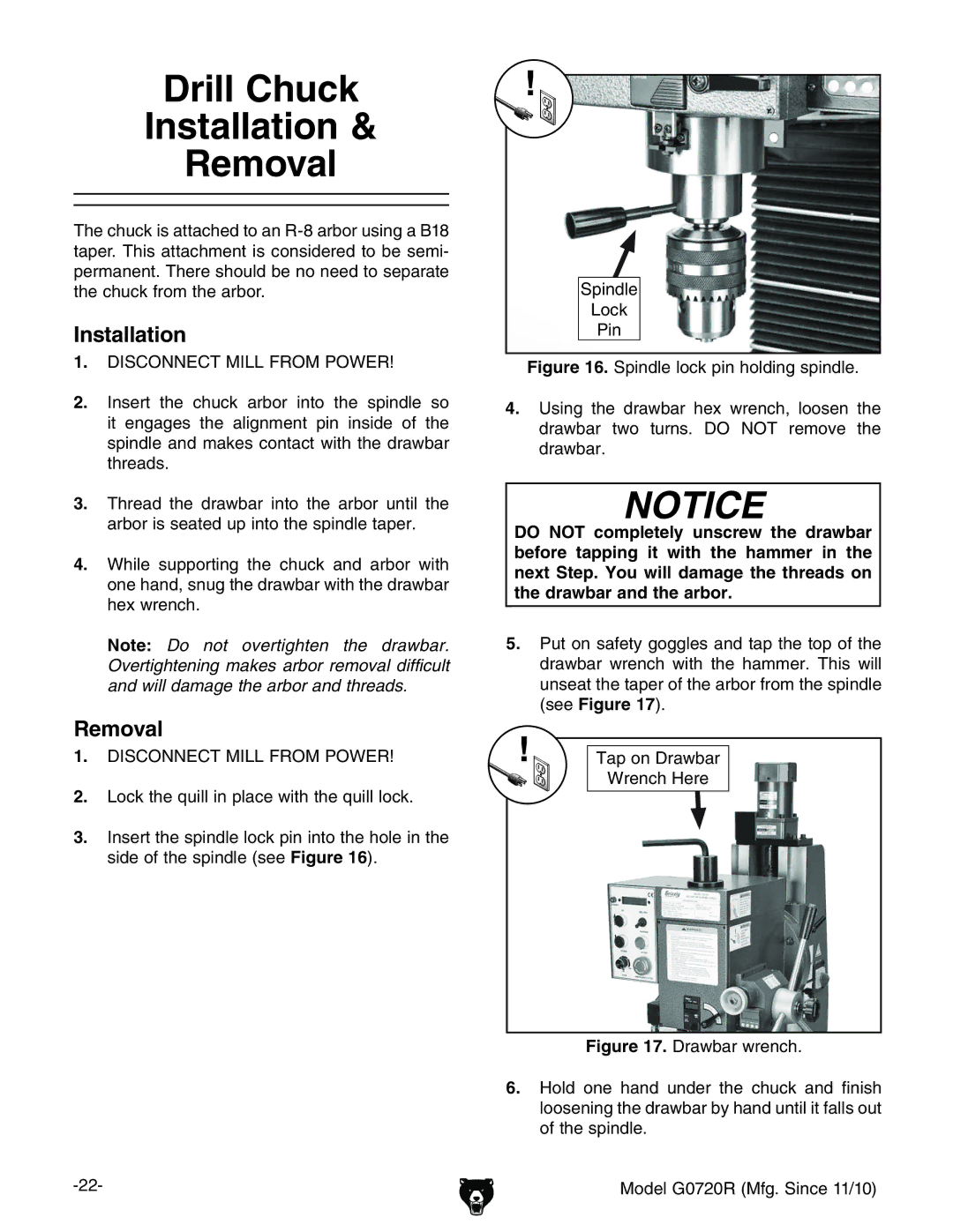 Grizzly G0720R owner manual Drill Chuck Installation Removal 