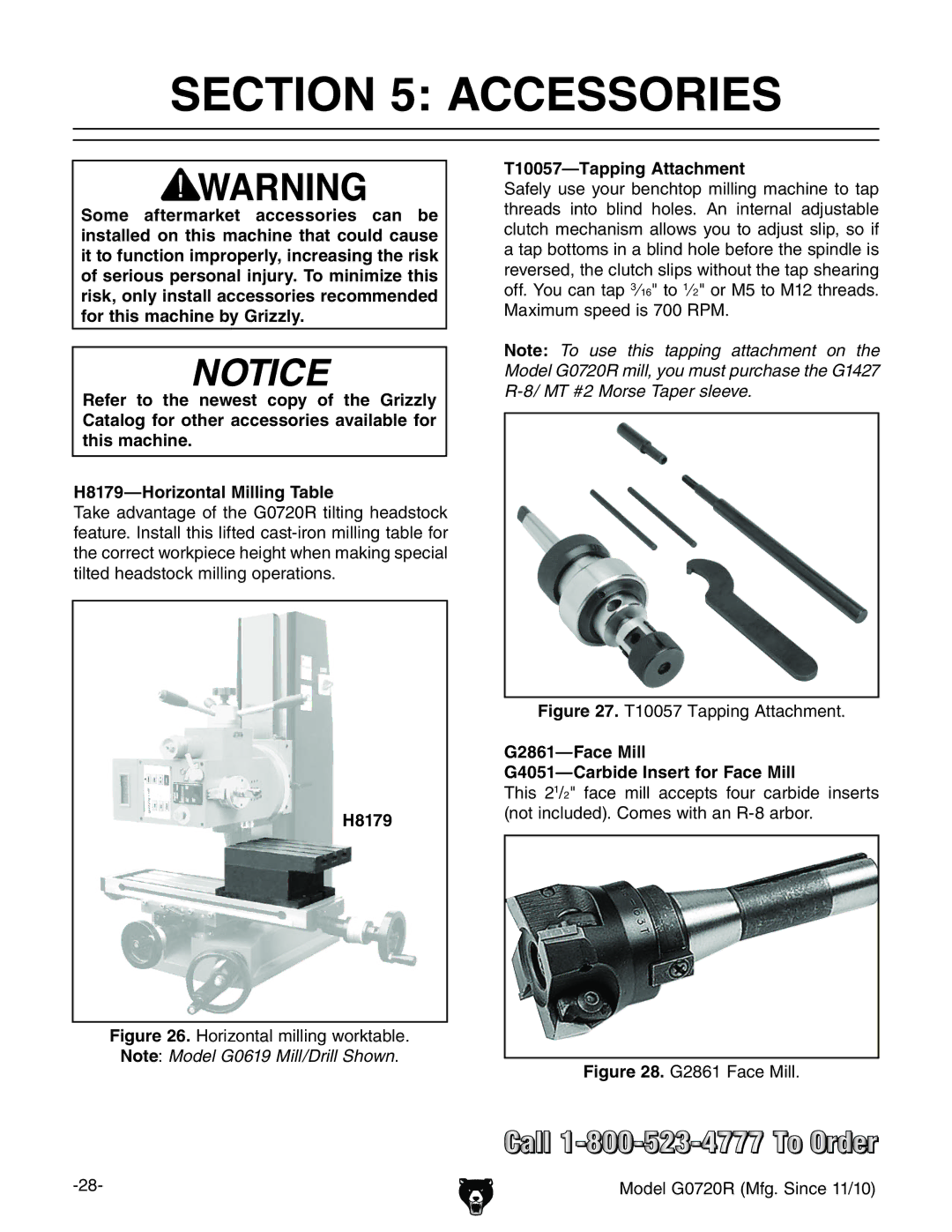 Grizzly G0720R Accessories, H8179, T10057-Tapping Attachment, G2861-Face Mill G4051-Carbide Insert for Face Mill 