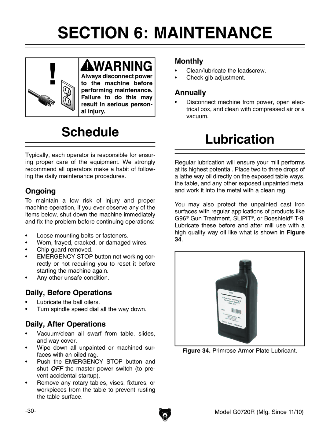 Grizzly G0720R owner manual Maintenance, Schedule, Lubrication 