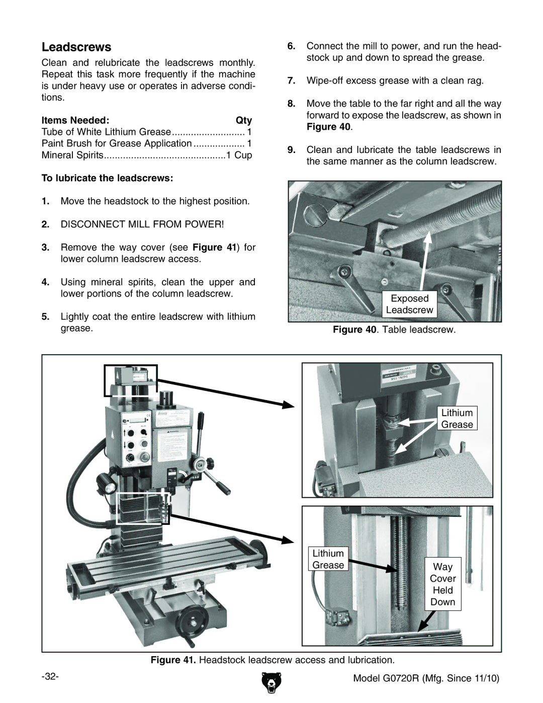 Grizzly G0720R owner manual Leadscrews, To lubricate the leadscrews 