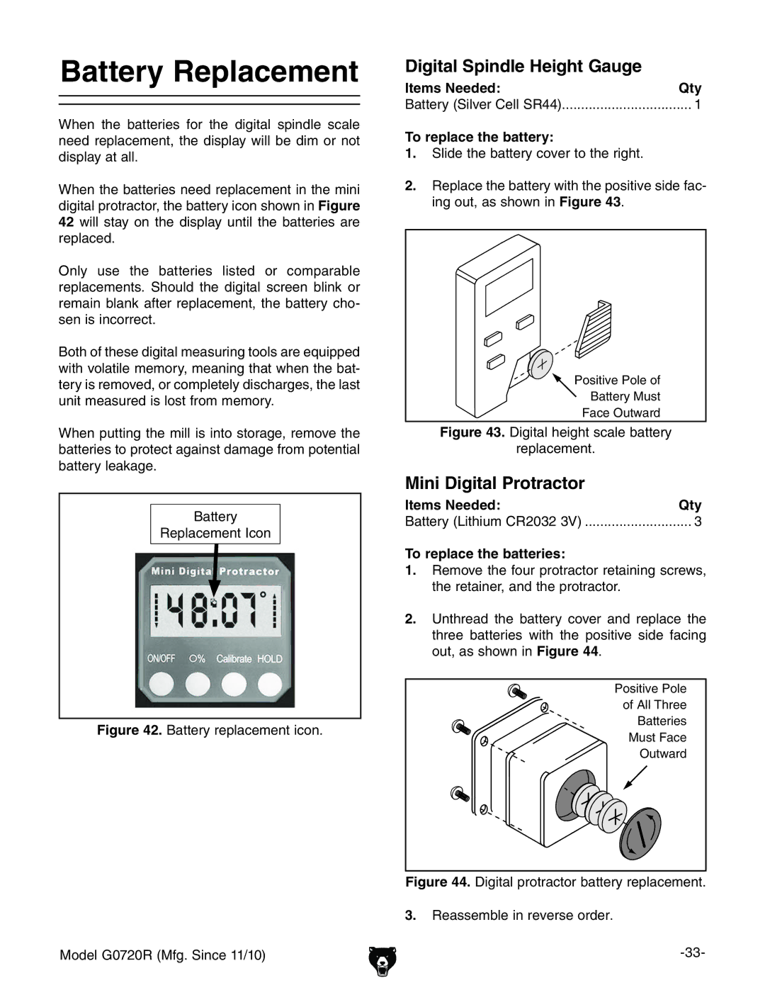 Grizzly G0720R owner manual Battery Replacement, To replace the battery, To replace the batteries 