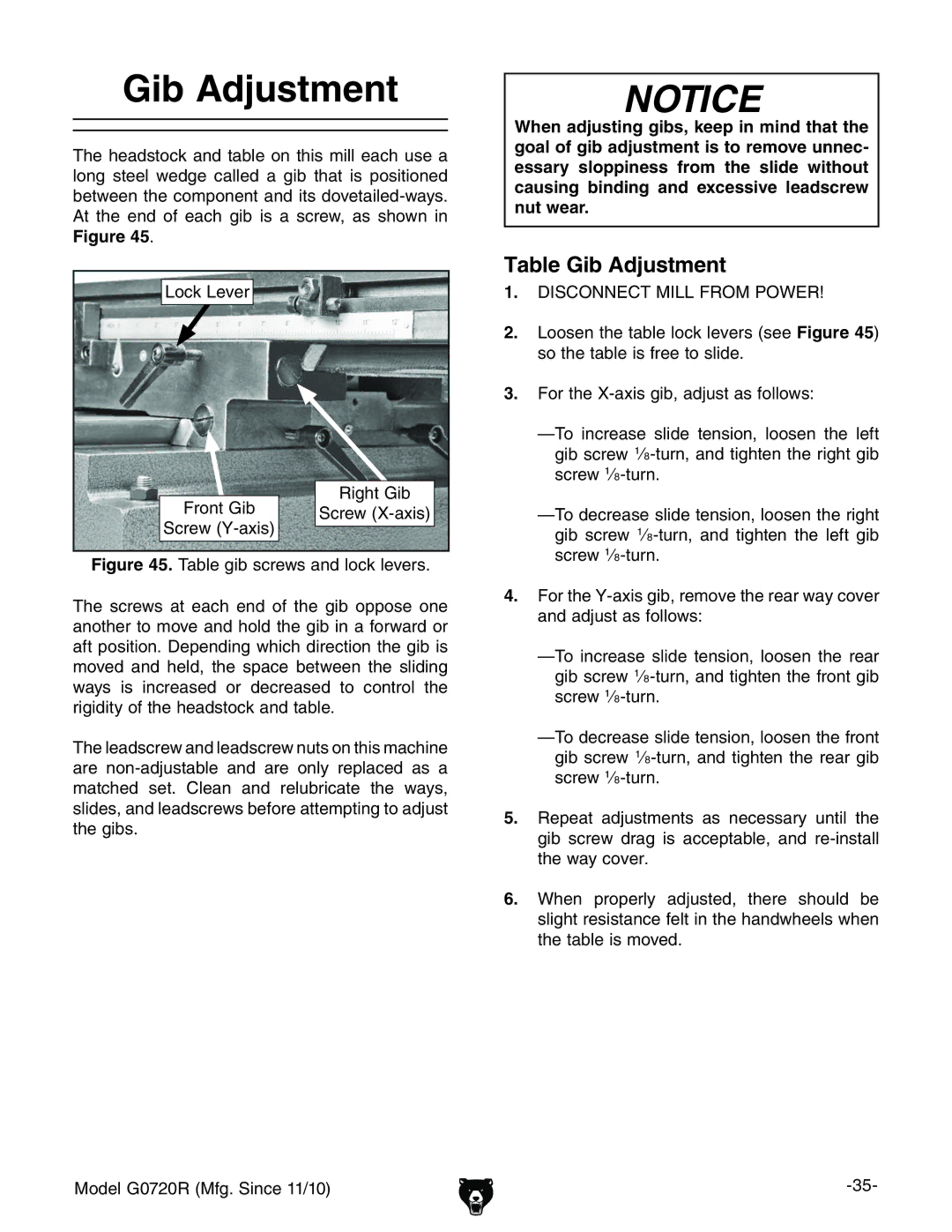 Grizzly G0720R owner manual Table Gib Adjustment, AdX`AZkZg \iW GdciW HXgZlMVmh HXgZlNVmh 