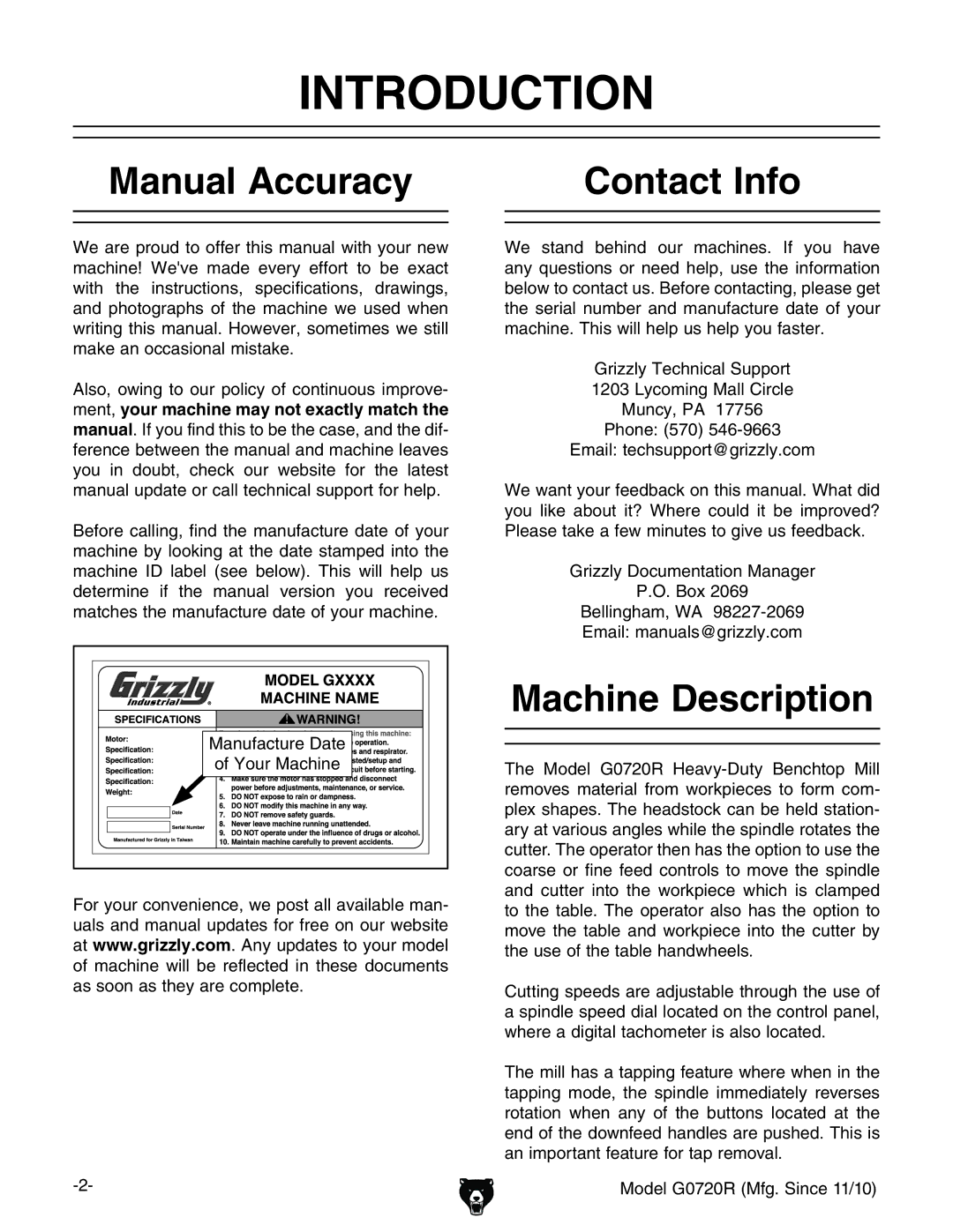 Grizzly G0720R owner manual Introduction, Manual Accuracy Contact Info, Machine Description 