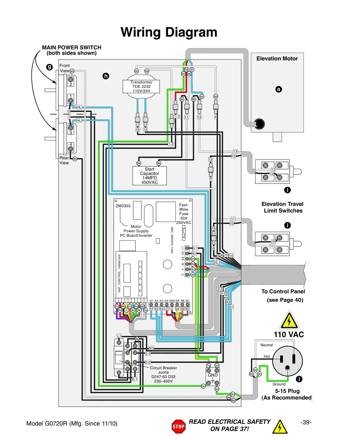 Grizzly G0720R owner manual Wiring Diagram, Main Power Switch 