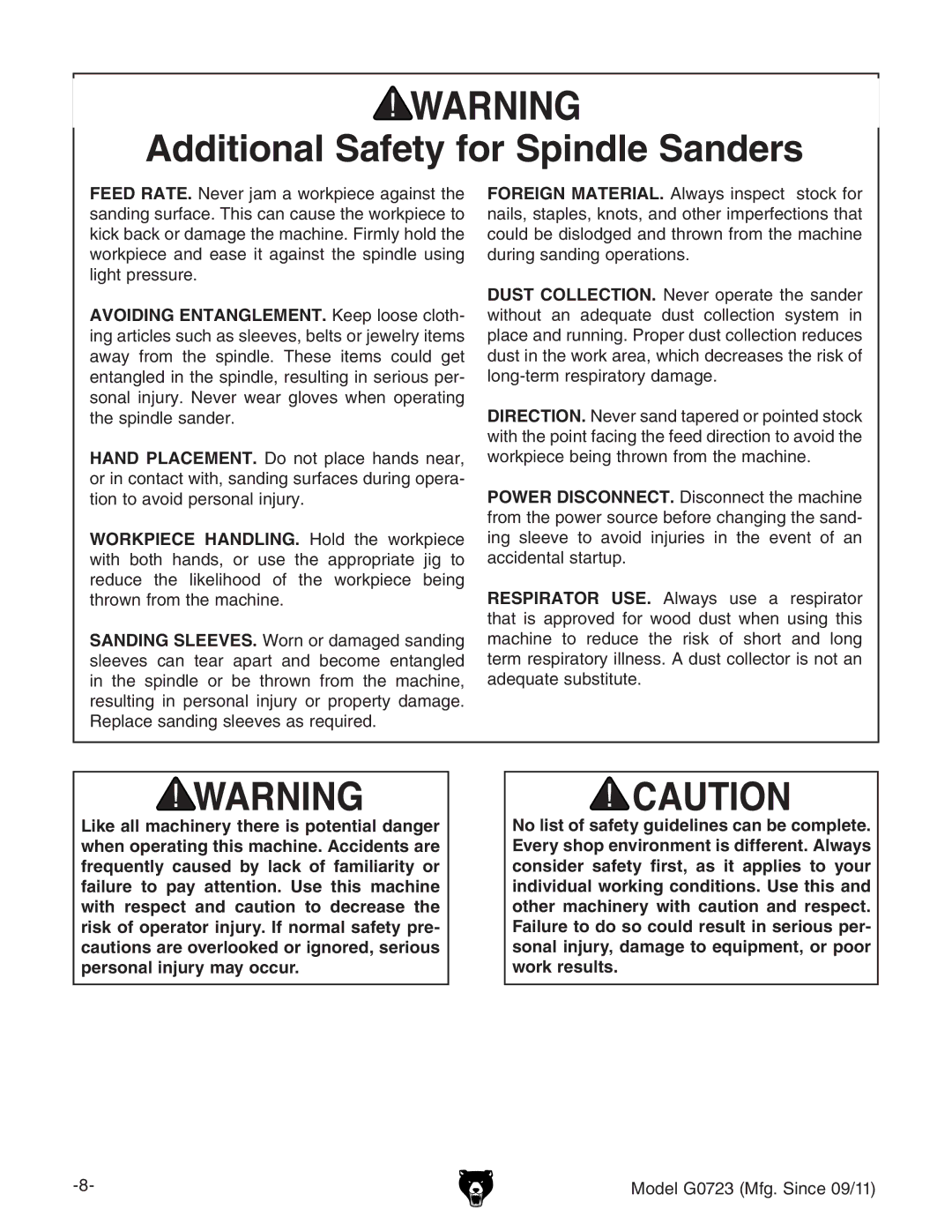 Grizzly G0723 owner manual Additional Safety for Spindle Sanders 