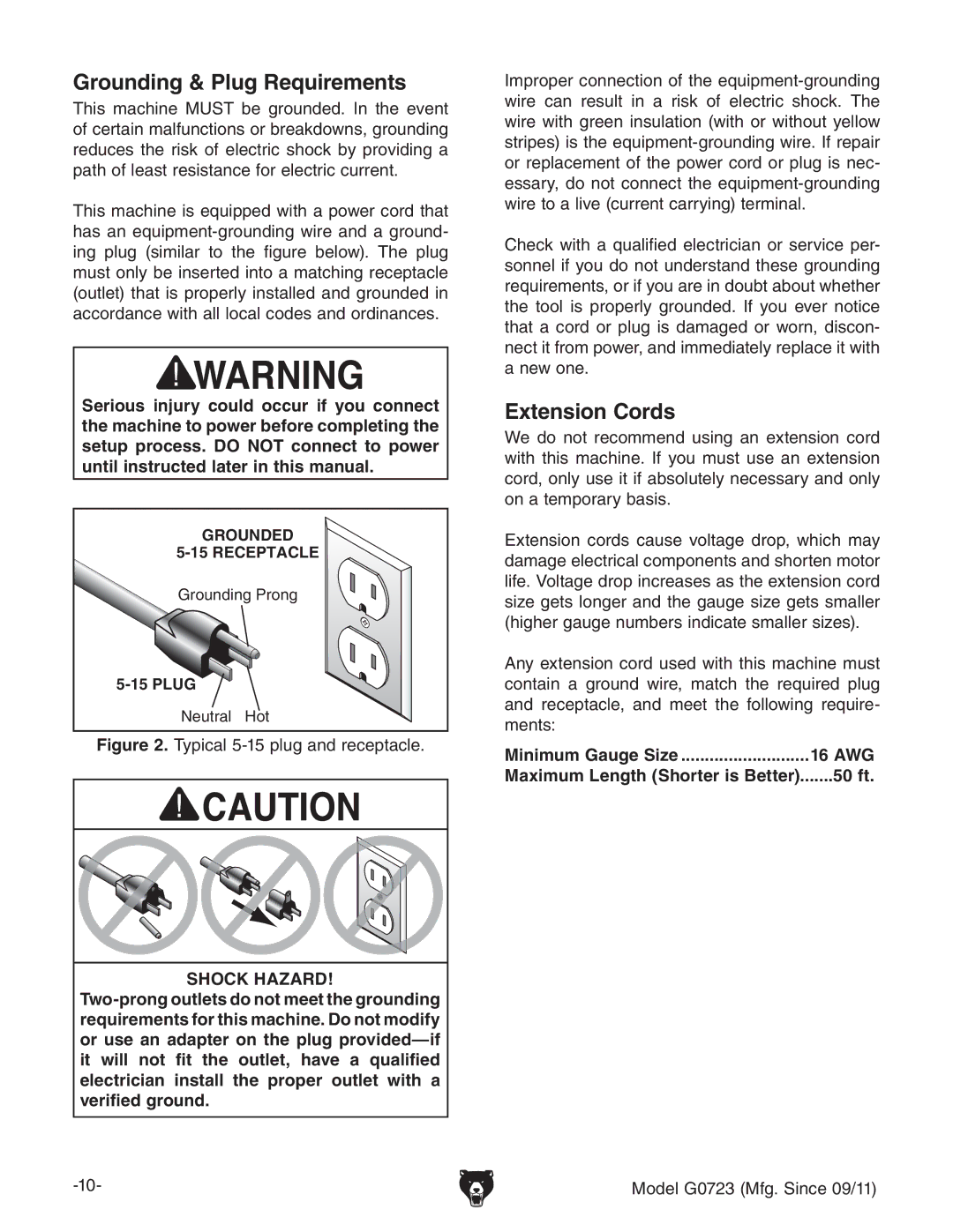 Grizzly G0723 owner manual Grounding & Plug Requirements, Extension Cords, Minimum Gauge Size 16 AWG, 50 ft 