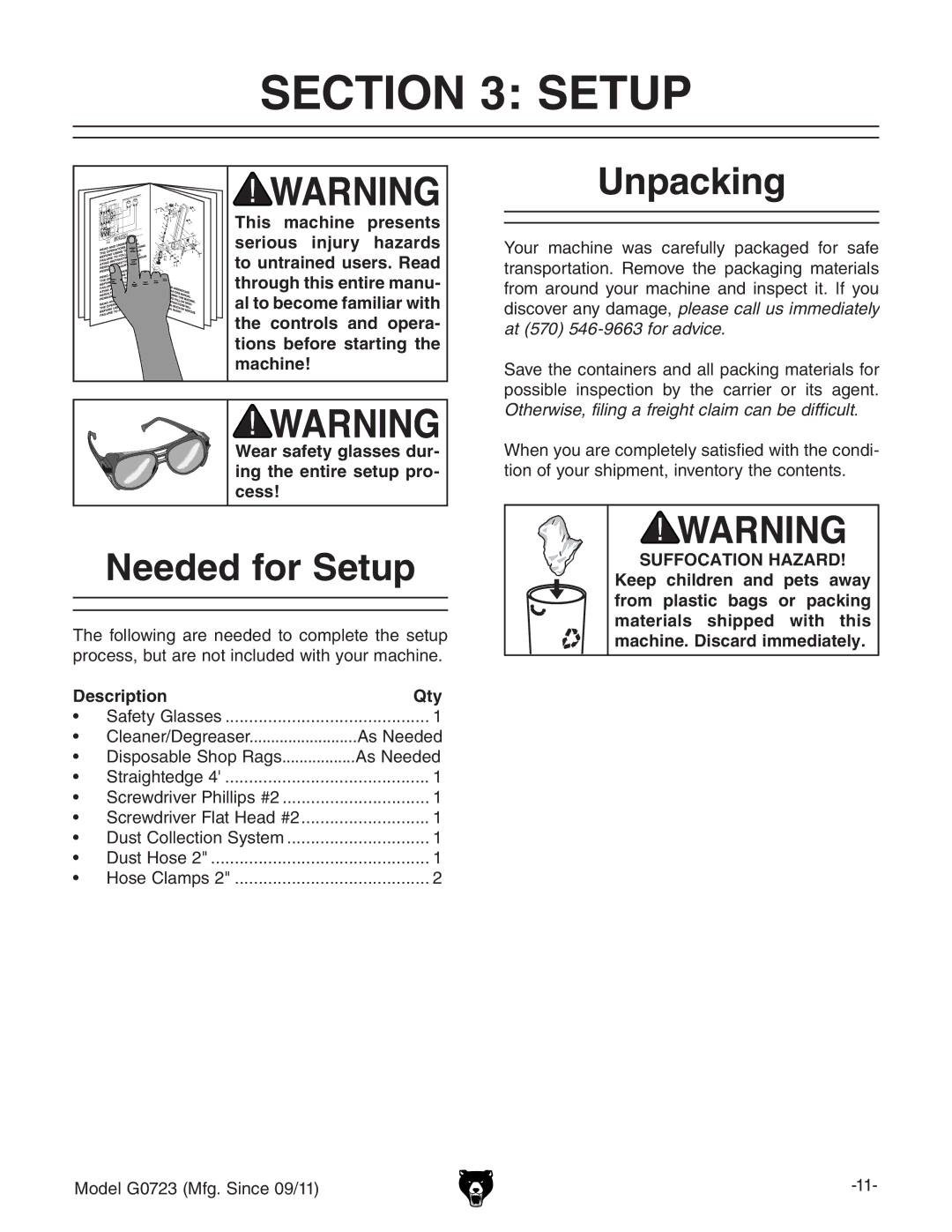 Grizzly G0723 owner manual Needed for Setup, Unpacking, Description Qty 