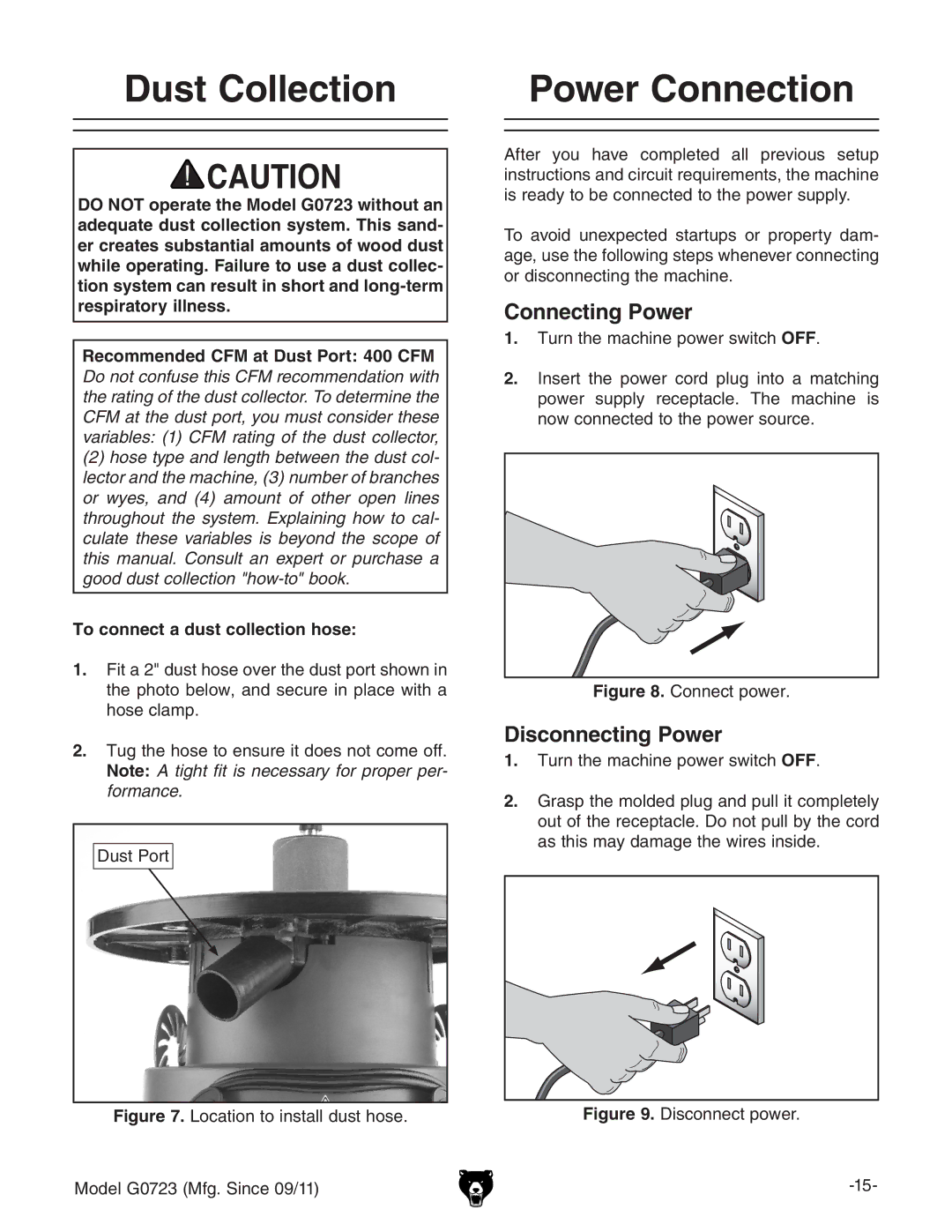 Grizzly G0723 Dust Collection, Power Connection, Connecting Power, Disconnecting Power, To connect a dust collection hose 