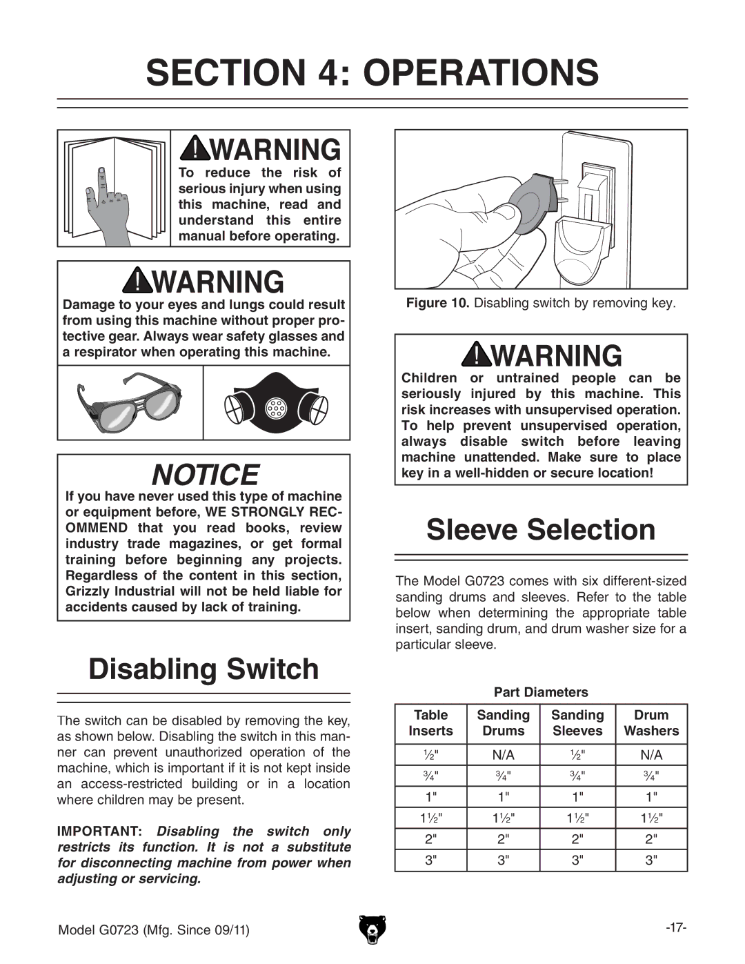 Grizzly G0723 Operations, Disabling Switch, Sleeve Selection, Part Diameters Sanding Drum, Drums Sleeves Washers 