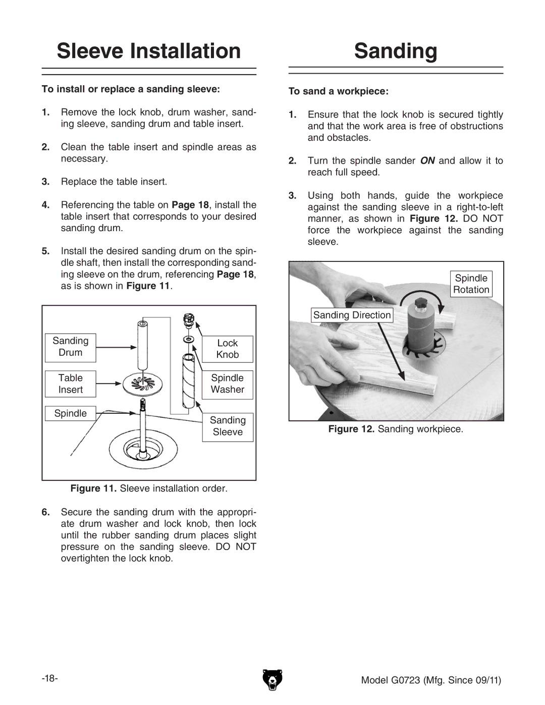 Grizzly G0723 owner manual Sleeve Installation, Sanding, To install or replace a sanding sleeve, To sand a workpiece 