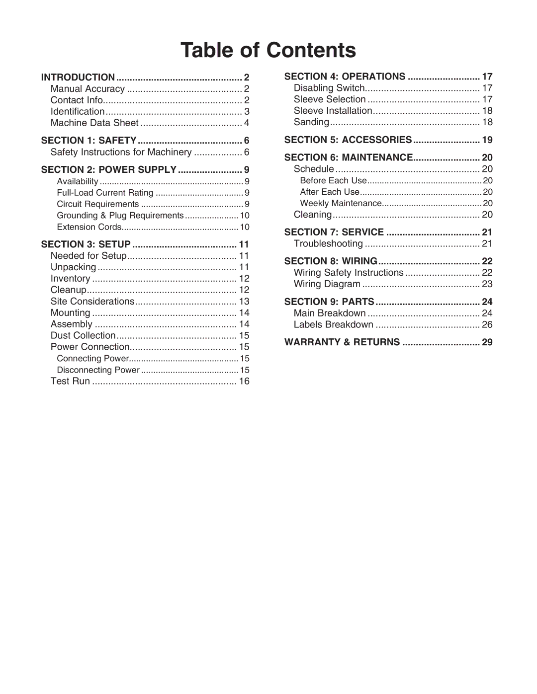 Grizzly G0723 owner manual Table of Contents 