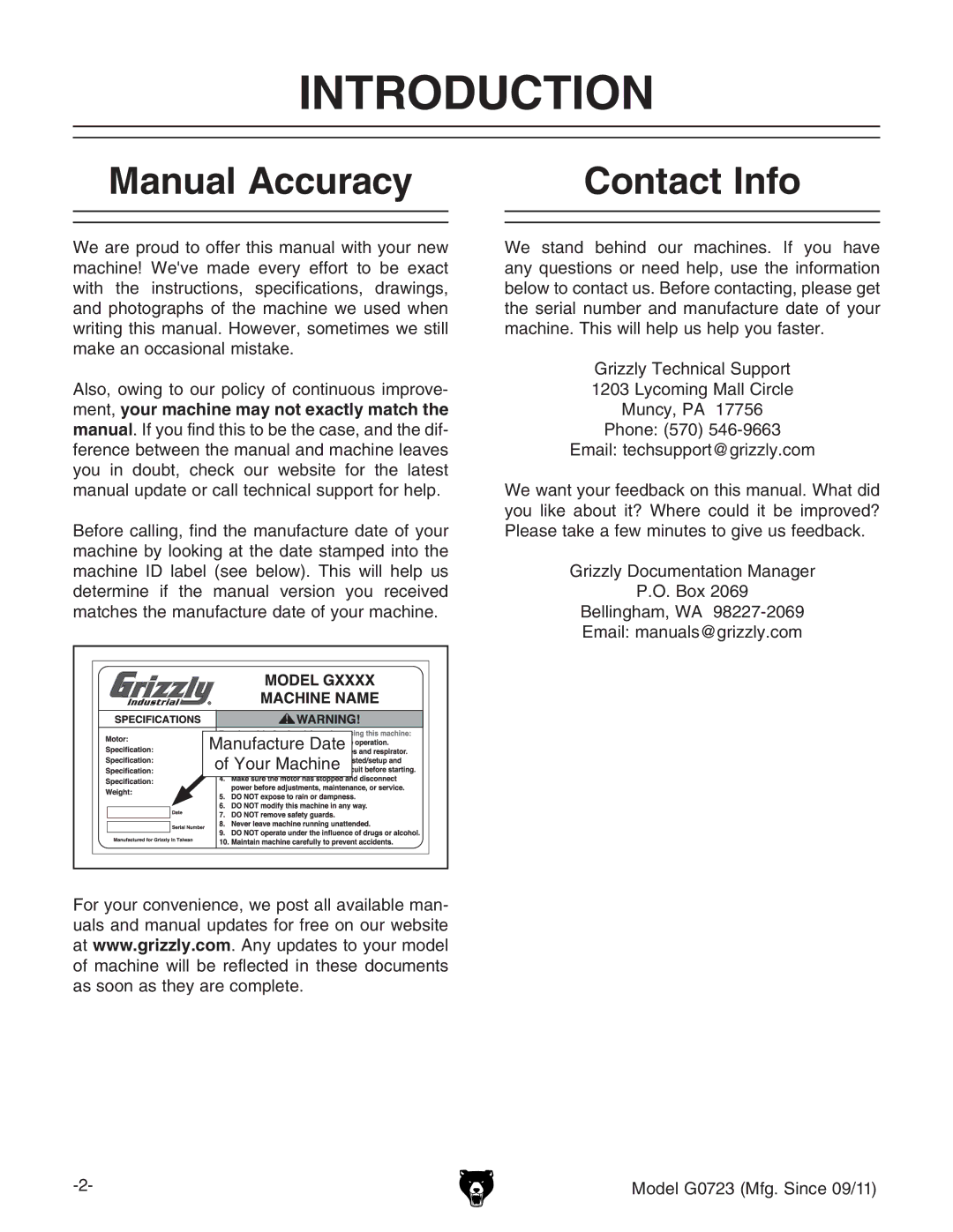 Grizzly G0723 owner manual Introduction, Manual Accuracy Contact Info, NdjgBVXcZ, Gooan9dXjbZciVidcBVcV\Zg #D#7dm%+ 