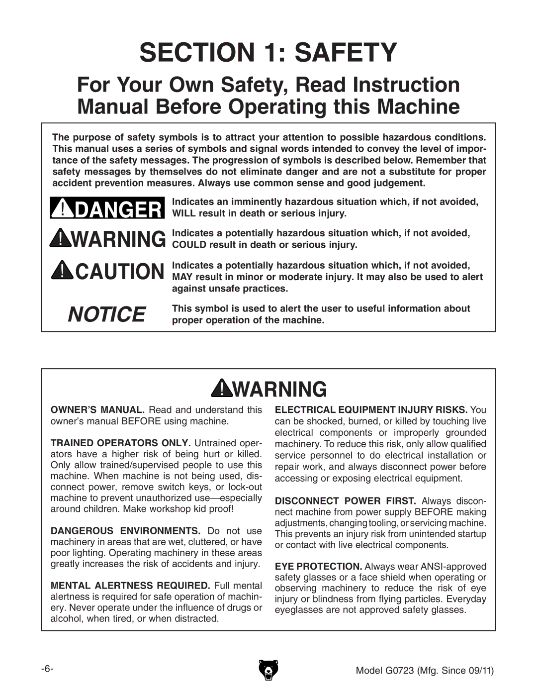 Grizzly G0723 owner manual Safety, Mental Alertness REQUIRED. jaabZciVa, VaXdda!lZcigZY!dglZcYhigVXiZY# 